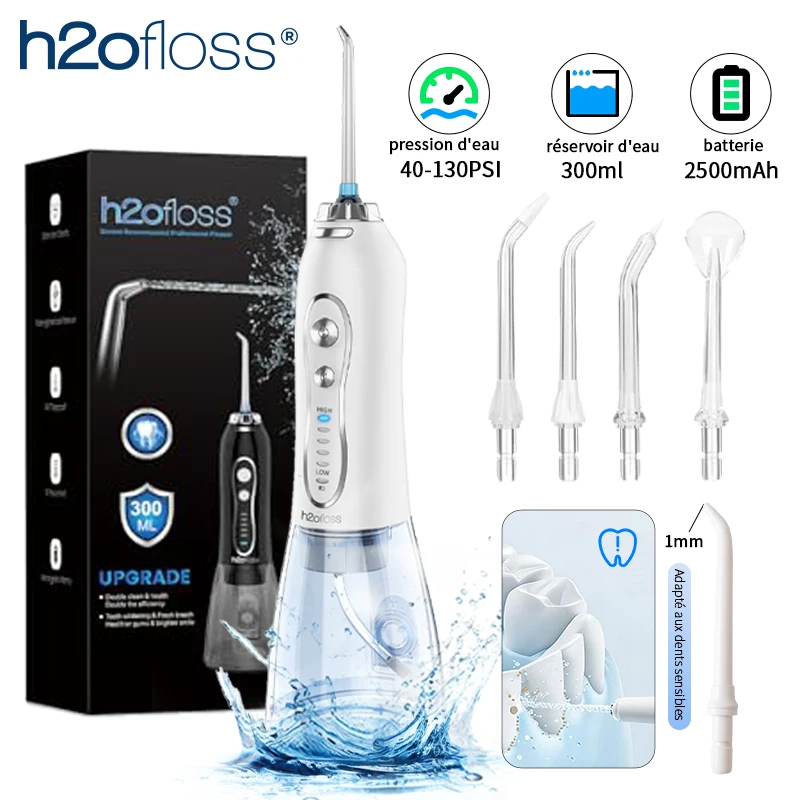H2ofloss Irrigueur Buccal Portatif pour Dents Jet d'Eau Dentaire Batterie 2500mAH Nettoyage à Haute Pression Appareil de Rinçage Bucal 300ML 5 Modes