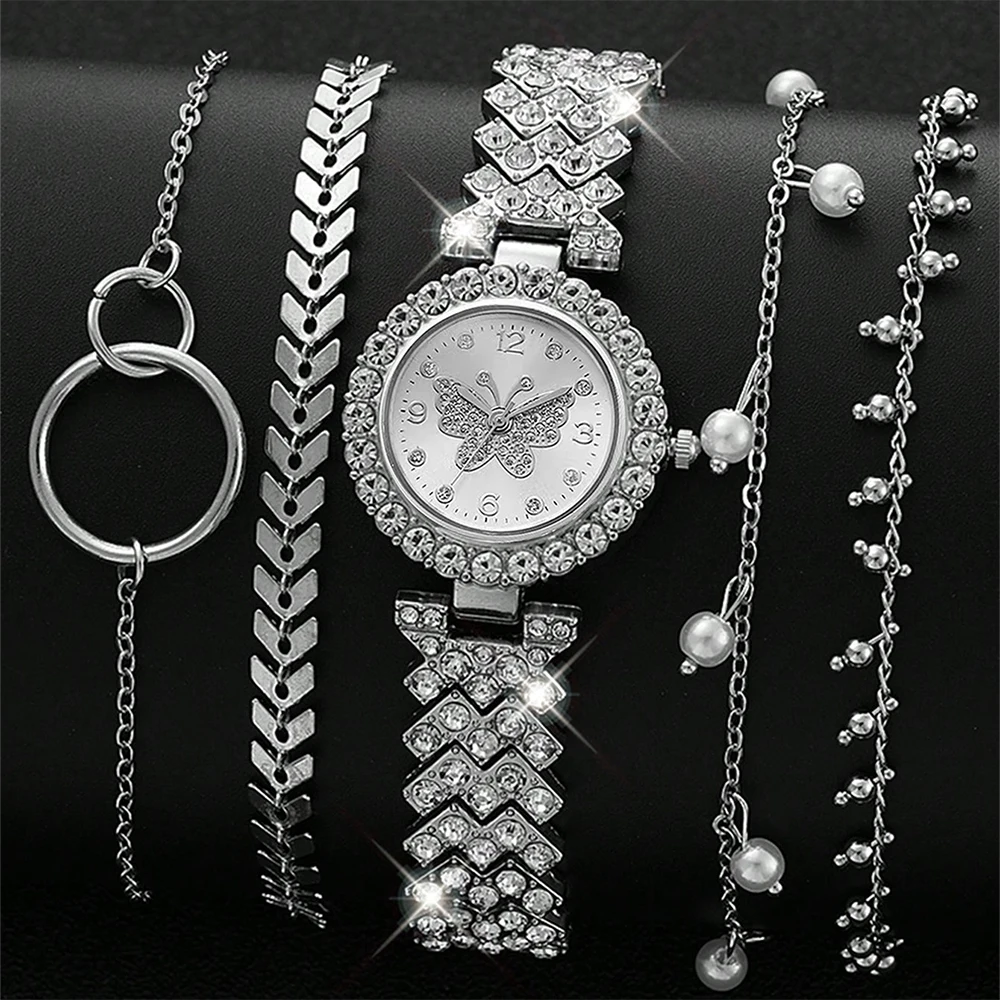 طقم ساعات نسائية فاخرة مكون من 5 قطع، عصري مع عنصر فراشة من حجر الراين، طقم سوار ساعة كوارتز هدية مثالية