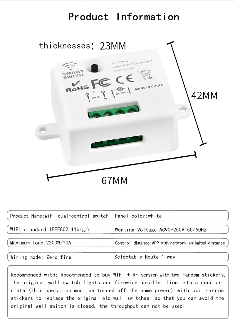 Aplicación inalámbrica tuya AC 85-240V 433Mhz RF Control remoto relé de palanca interruptor de luz con 2 transmisores