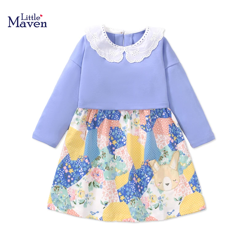 Little maven Autumn Baby Girls Kids Clothes Clothes Children\'s Clothing Pastoral style Cartoon Flowers Princess Dress Spring