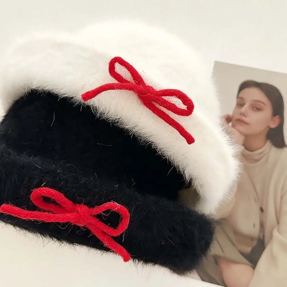 Elegant Vintage Looking Black Bowler Hats Japanese Style Beret Woolen Bucket Cap Bow Versatile White Dome Hat Party
