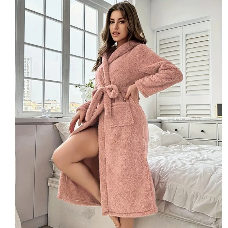 

Pink Coral Fleece Robe Women's Thickened Home Clothes with Pockets Winter Warm Bathrobe Sleepwear Comfortable Home Leisure Suit