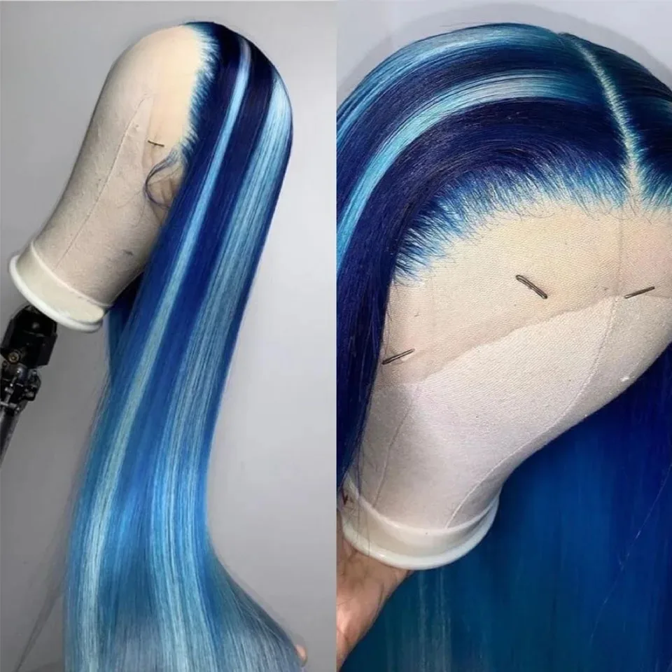 Blue Long Straight Synthetic Lace Front Wig Glueless 13x4 Lace Front Wigs for Women Pre Plucked Daily Use Ready To Wear 613/Red