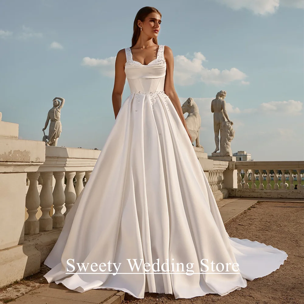 Modern Wedding Dress for Bride New Customized Sweetheart Sleeveless Pearls Pleat Sweep Train Pocket Bridal Gown Vestido Noiva