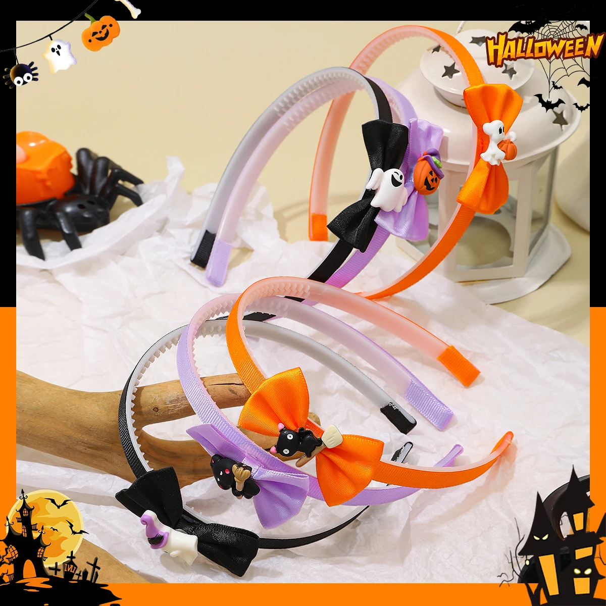 3-Pack Halloween Themed Girls Hair Accessories - Bow Knot Ghost Witch Black Cat Anti-Slip Tooth Headbands Hair Presses