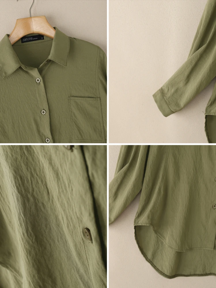 Camisas de mujer de gran tamaño, informal, elegante, de manga larga, con cuello abotonado, camisa de mujer con costura ZANZEA, Tops altos y bajos con dobladillo redondeado detallado