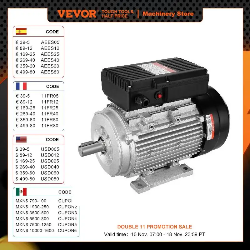 VEVOR 0.75/2.2KW Electric Motor 1400/2800 rpm AC 220~240V 5.45/13.8A B3 Frame Air Compressor Motor Single Phase CW/CCW Rotation