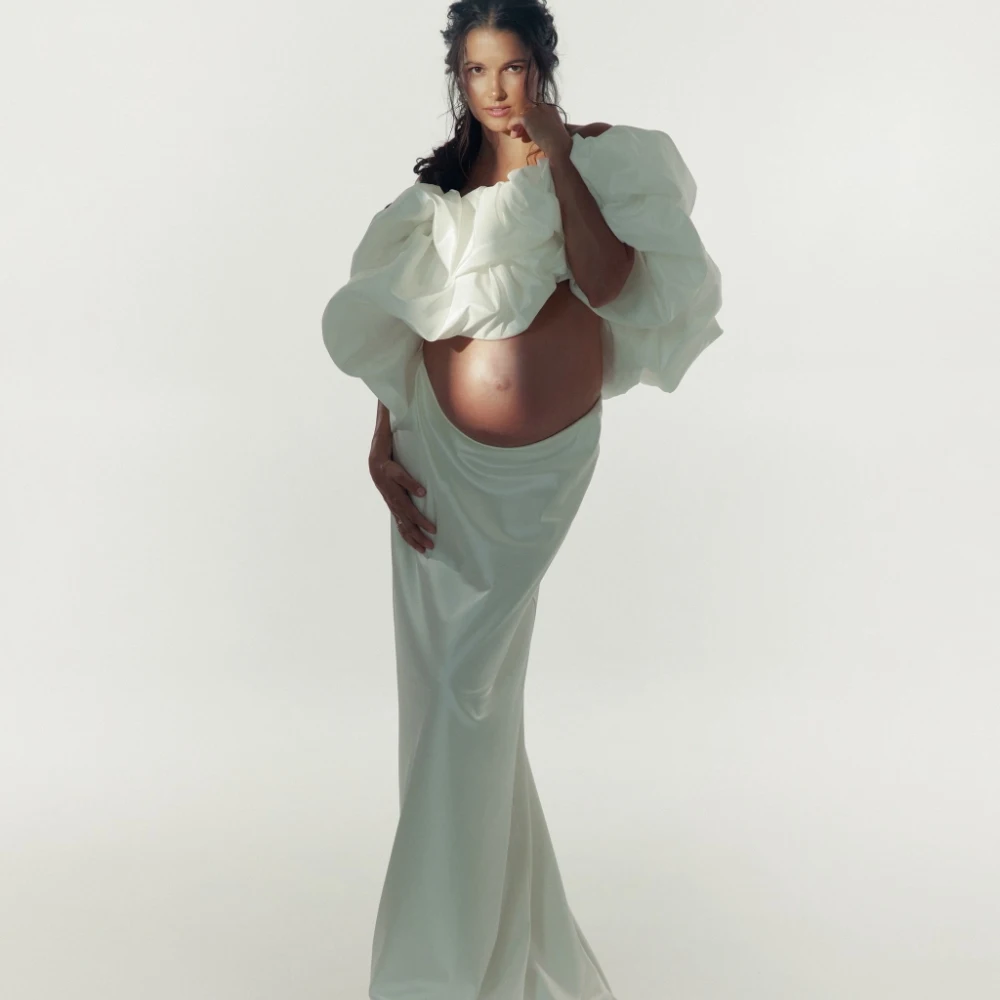 Maternity Photo Shoot Dress Women White Satin Off Shoulder Empire Waist Puff Sleeve Long Maxi Gown Elegant Pregnancy Photoshoot