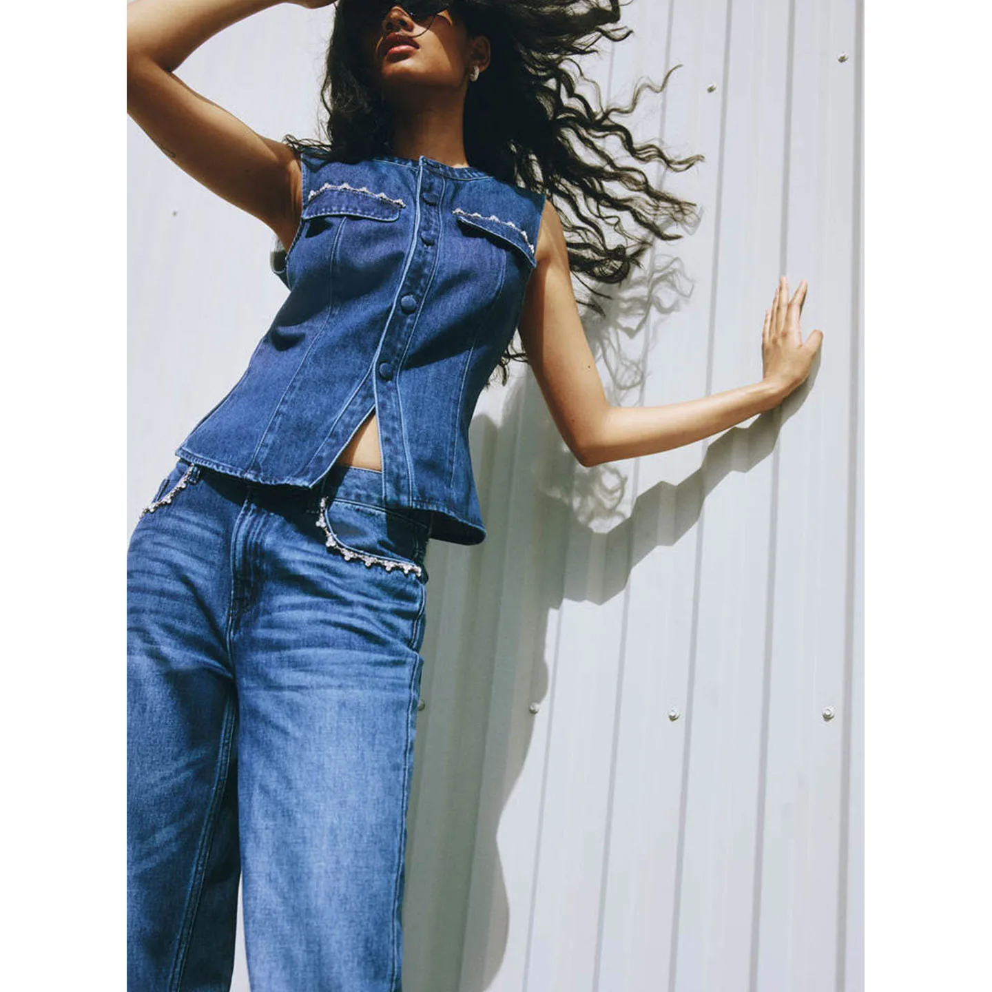 Autunno Nuovo tappetino da donna Fit rotondo Ne Svel Bell Bot Gilet di jeans Design originale Fibra di poliestere Bottone singolo Cl...