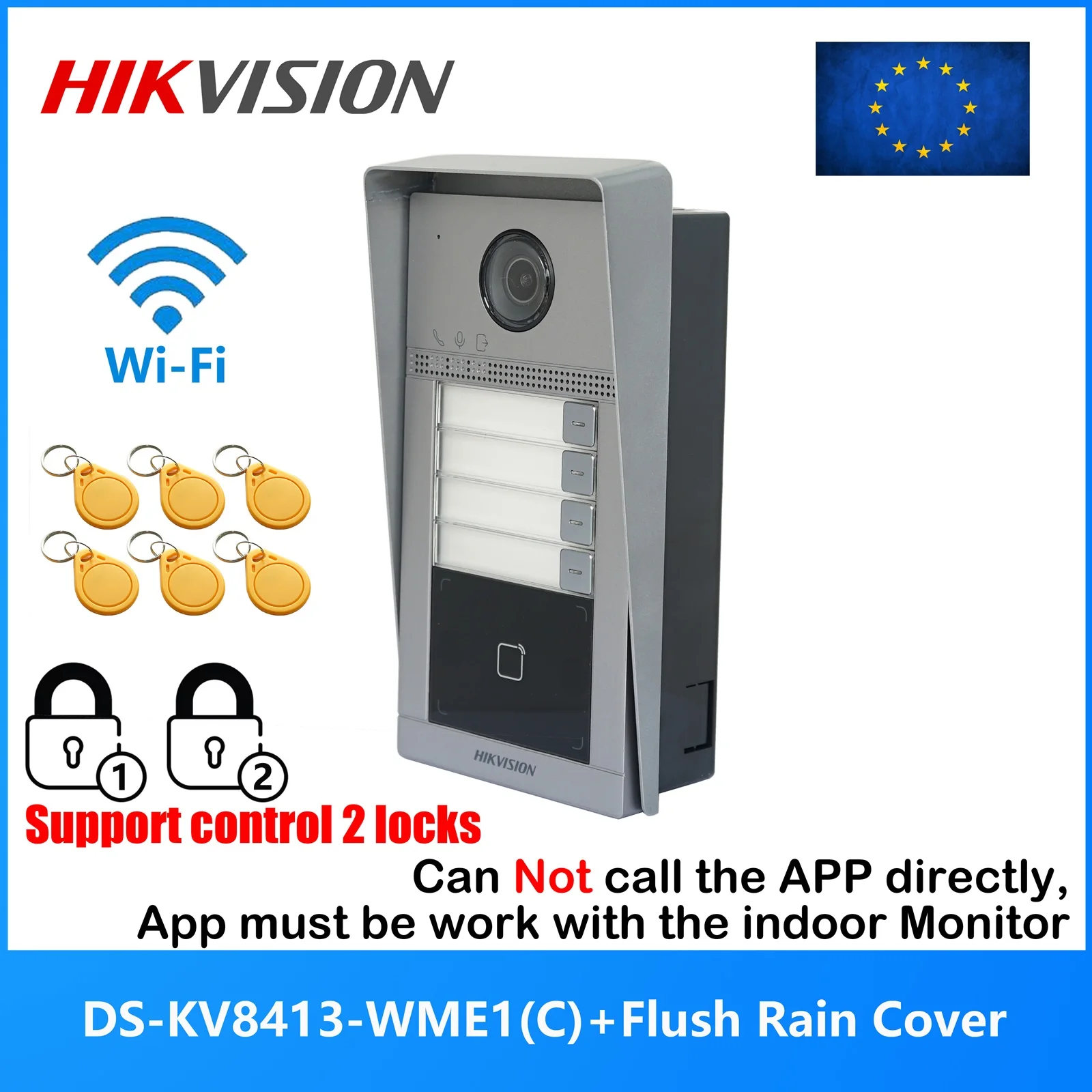 Image of HIKVISION campanello IP a 4 pulsanti DS-KV8413-WME1(C) con montaggio a incasso, citofono WiFi, videocitofono, sblocco scheda IC cod004