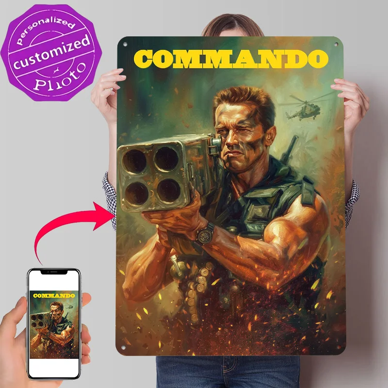 Commando Arnold Schwarzenegger Movie 3D Printed Texture Poster Personalized Wall Art Retro Metal Tin Signs for Office Decor Room