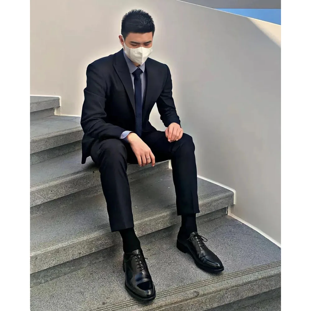 

2023 New Men Fashion Wedding Dark Blue Peaked Lapel Suits Business Casual Formal Costume Homme Slim Fit 2 Pcs Set Jacket Pants