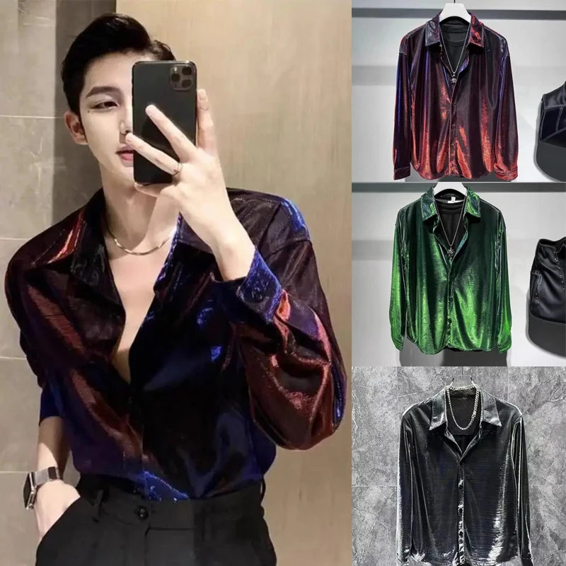Men's Koren Fashion Shirt For Club Loose Glossy Surface Laple Single-breasted Long Sleeve Blouse Trend Sexy See Through Tops