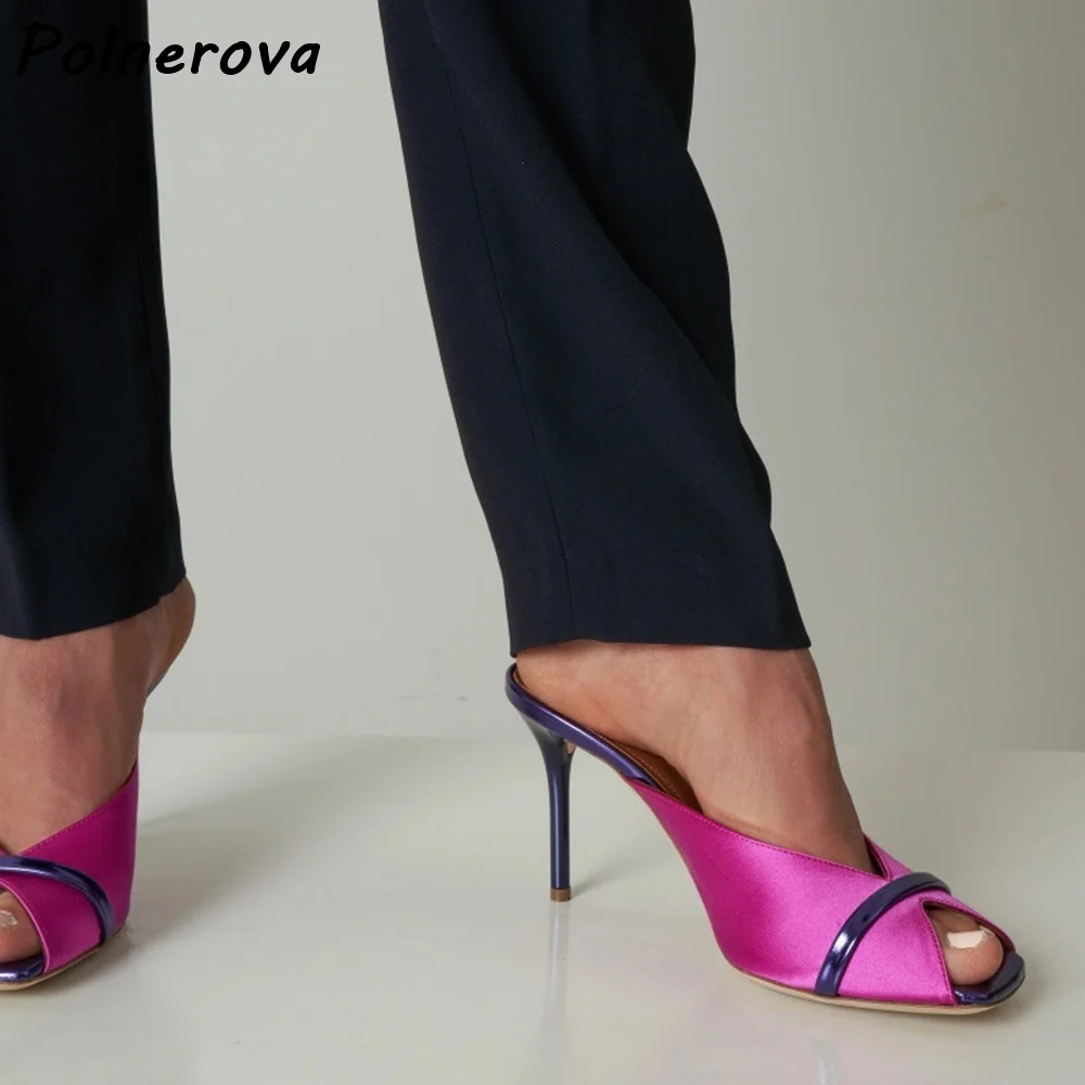 Color Block Satin Slippers Square Peep Toe Mule Thin Strap Slip On Backless Stiletto Shoes Elegant Evening Party Summer Shoes