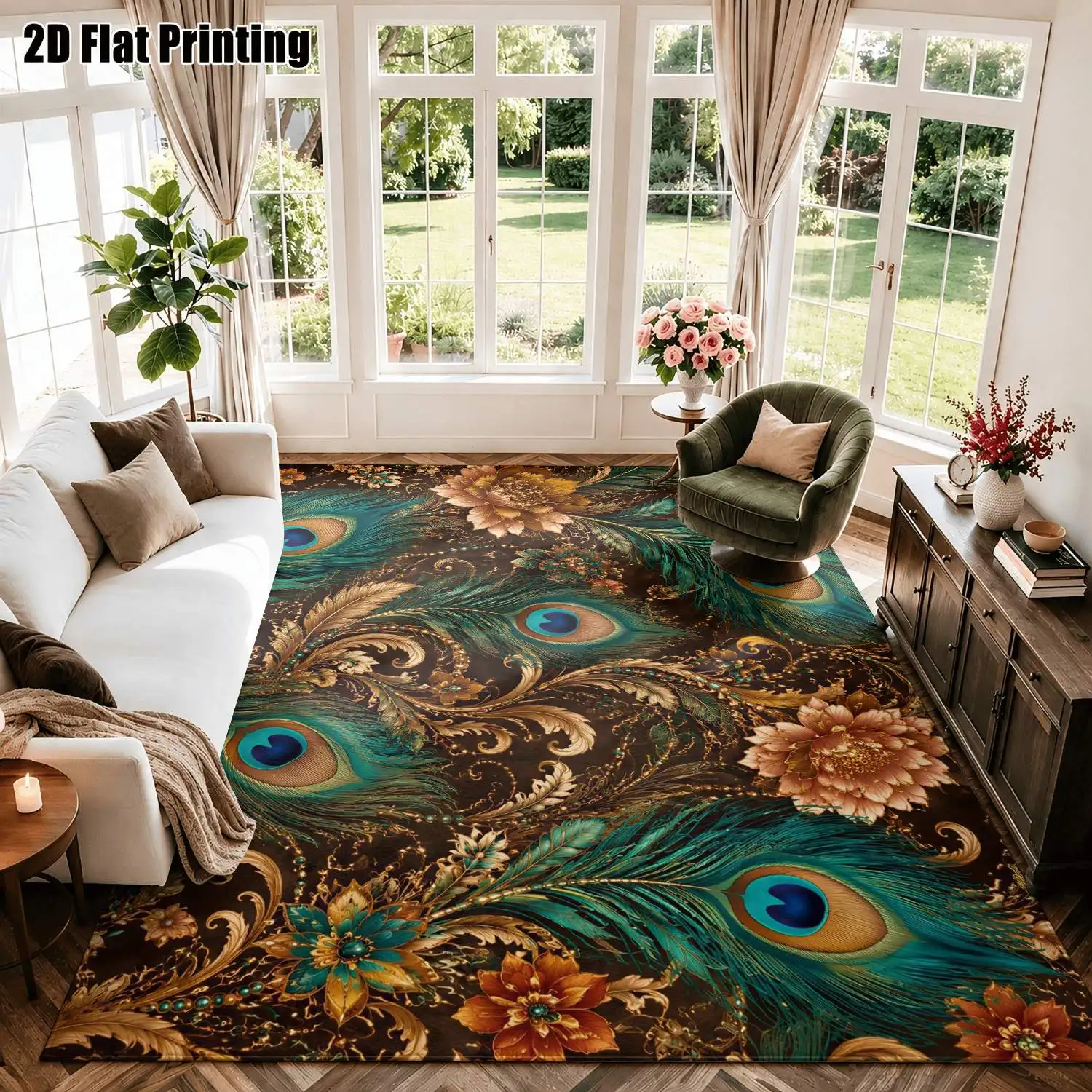 1Pc 2D Printed Retro Peacock Flower Pattern Carpet, European/Bohemian/Modern Minimalist Style, Machine Washable, Multiple Sizes, Ideal for Home Decor & Multi-Scenario Use