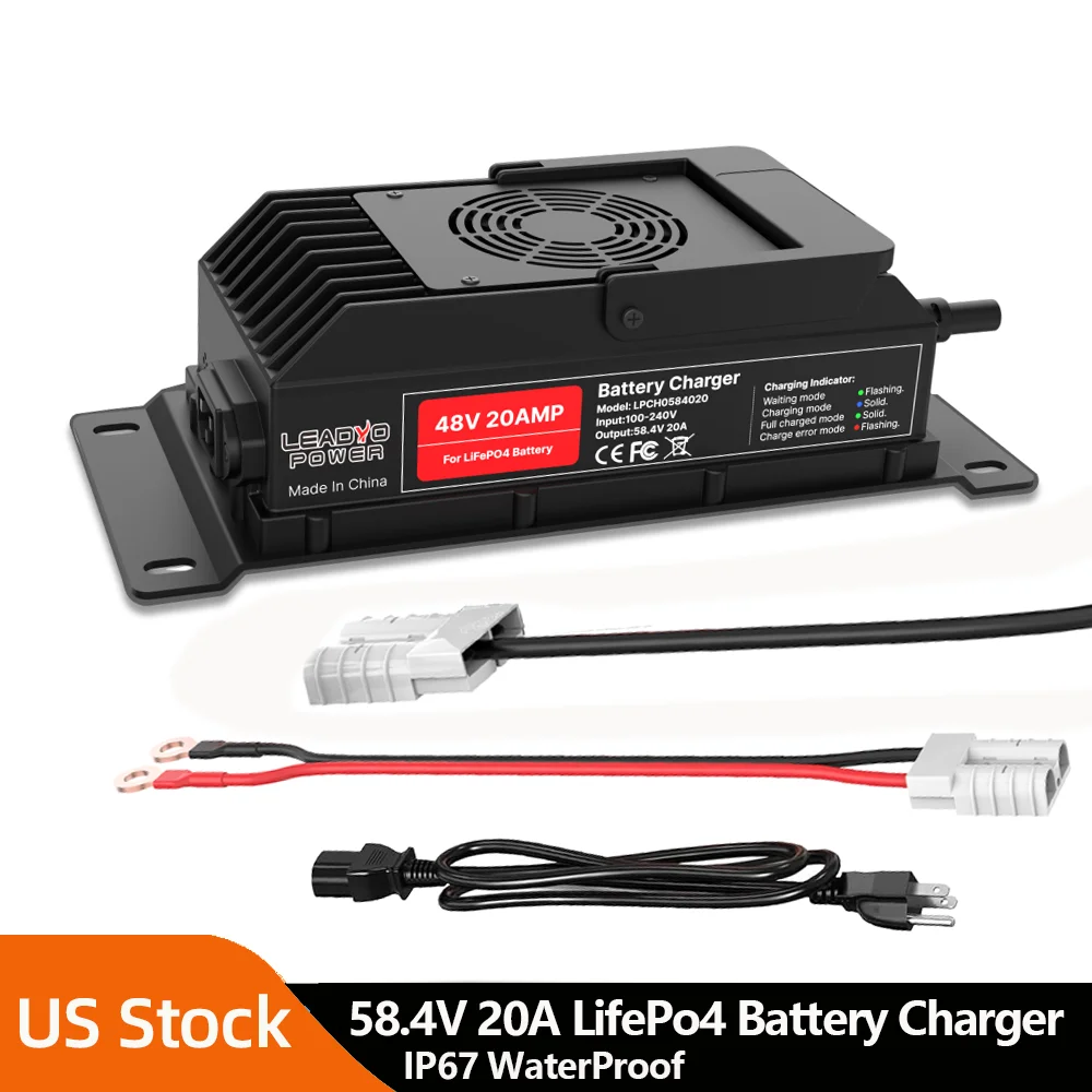 

58.4V 20A Battery Charger For 48V 16S LiFePO4 Battery Pack with Anderson RV Plug And M8 O-Type Terminal Charger Fast Charging