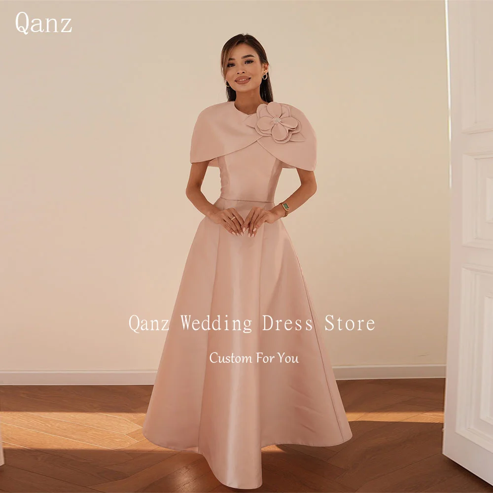 Qanz Blush Pink Satin Evening Dresses O Neck Long A Line Robe De Soirée Backless 3D Flower Wedding Guest Women Customized