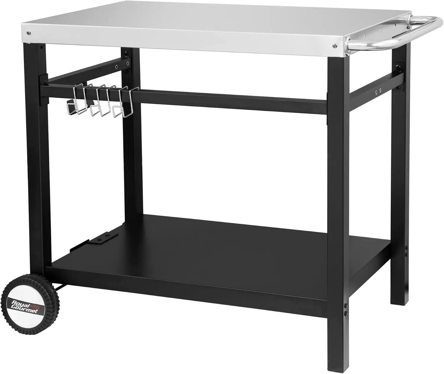 

Gourmet Dining Cart Table with Double-Shelf, Movable Stainless Steel Flattop Grill Cart, Hooks, Side Handle, Multifunction