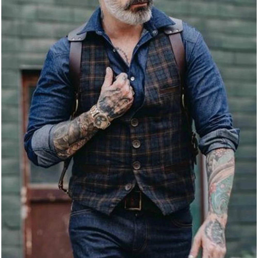 Men\'s Vintage Vest Suit Plaid Tweed Waistcoat Regular Wool Formal V Neck Fit Groom\'s Wear Suits Men\'s Wedding