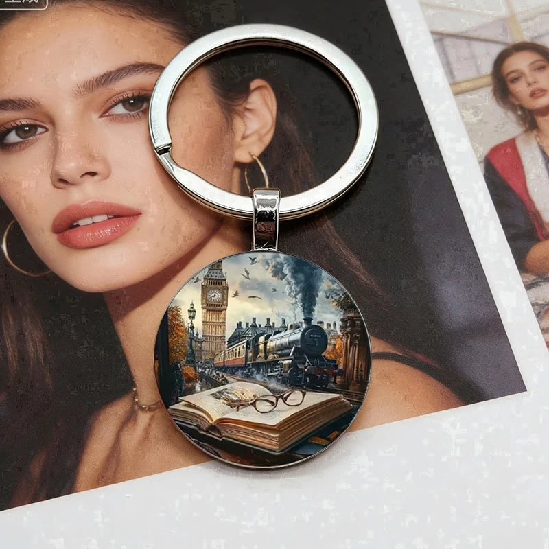 Fashion Trend Train and Big Ben Landscape Design Dome Glass Alloy Keychain
