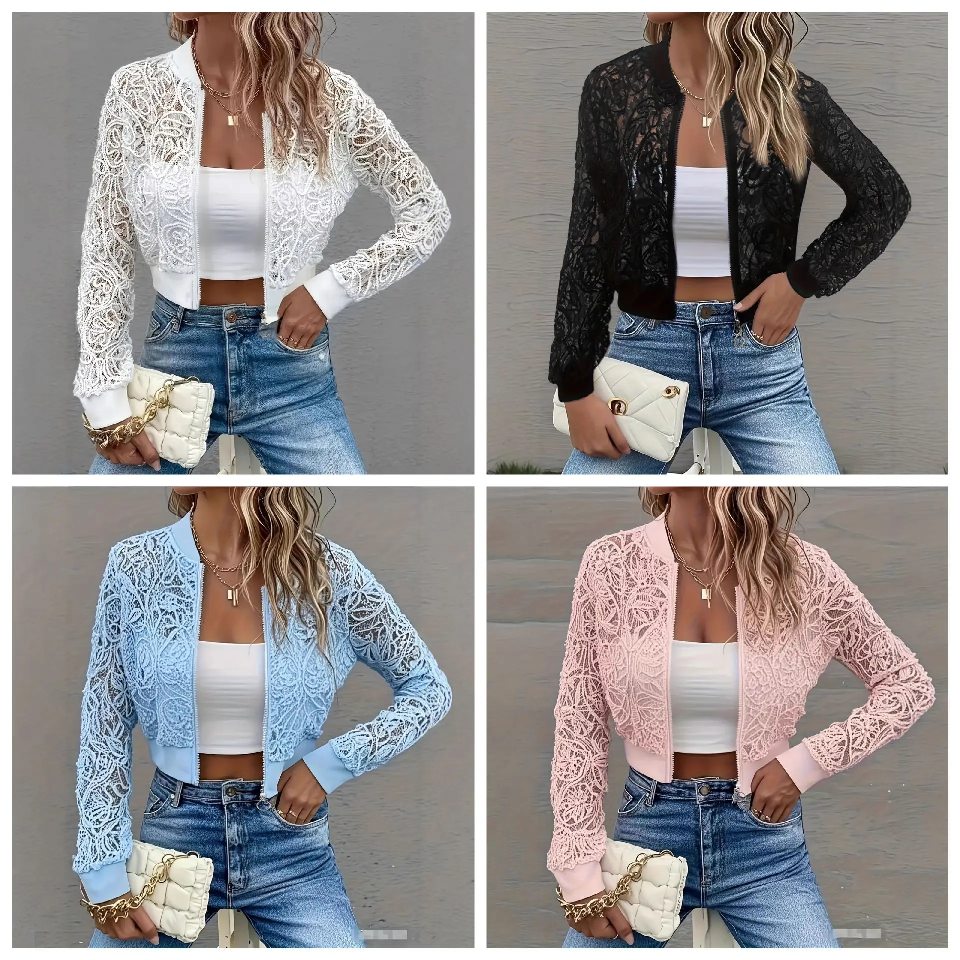 Women Short Coat Ribbed Collar Coats Long Sleeve Y2k Streetwear Zipper Jacket Work Lace Splice Outerwear Hollow Out Autumn 2026