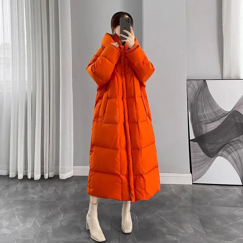 Orange Hooded Down Jacket Women\'s 2024 Winter New Loose Extra Long White duck down Coat Female Puffer Thicken Overcoat Parkas