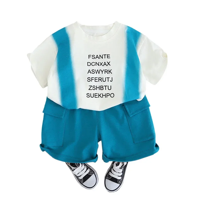 Ropa de moda para bebés, trajes de verano para niños de 9 a 12 meses, camisetas y pantalones cortos de manga corta con estampado de letras, traje para niños