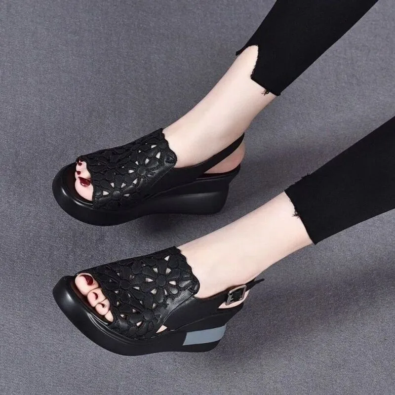 Summer Wedge Shoes for Women Sandals Open Toe Platform Hollow Flowers Retro Lady High Heel Buckle Strap Casual Female Sandalias