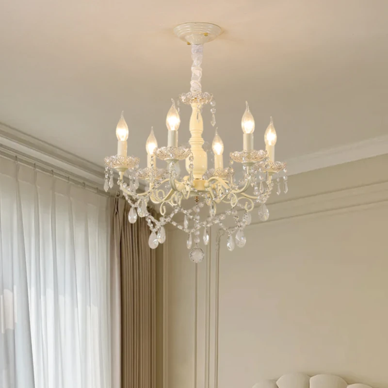 French Crystal Chandeliers Lamps Light Luxury White Cream Style Dining Table Princess Room Girl Bedroom Pendant Light Modern