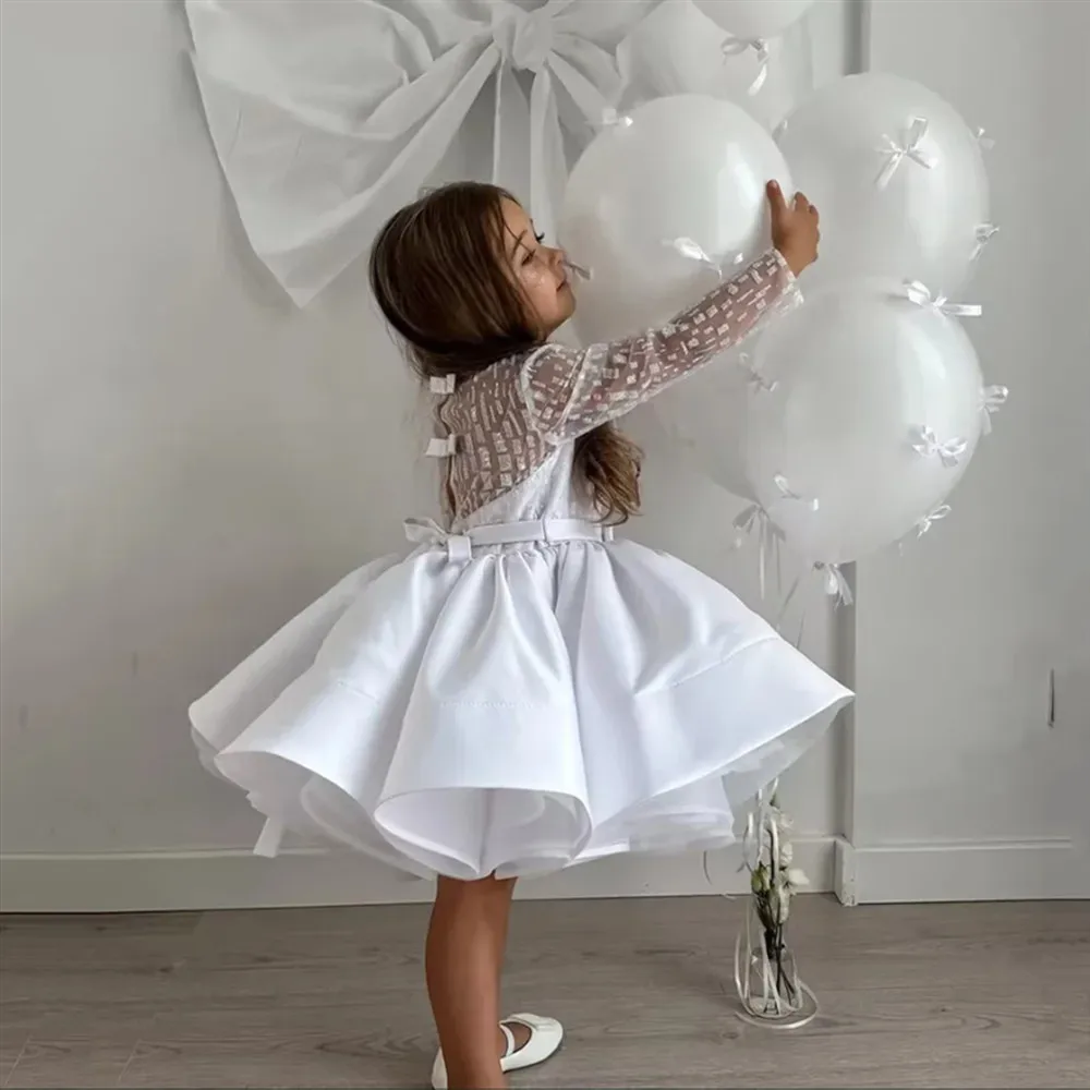 

Lovely Full Sleeves Sequined Knee Length Flower Girl Wedding Dress With Bow Kids Birthday Party First Communion Gown Customized