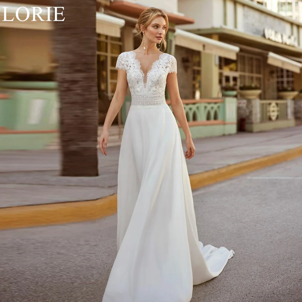 LORIE Elegant Chiffon A-Line Wedding Dresses Deep V-Neck Lace Appliques 2024 Cap Sleeves Illusion Back Romantic Bridal Gown
