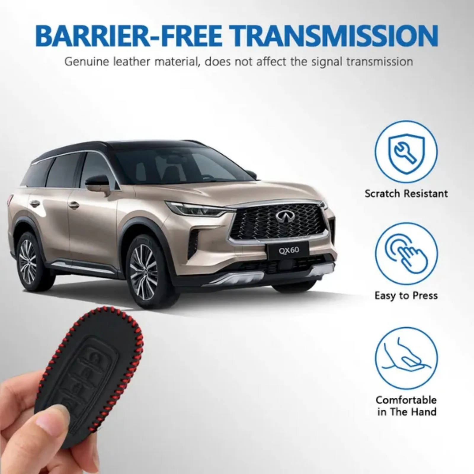 Leather Key Fob Case Cover for Infiniti with Key Chain, Key Holder Replacement Keychain for Infinity EX25 FX35 FX37 X50 G25 G35 G37 Q40 Q50 Q60 Q70 QX50 QX56 QX70 (5 Button) view 4