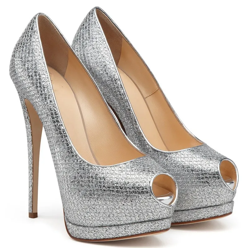 

SHOFOO Fashionable women's high heels. Silver checkered leather single shoe. About 15 cm heel height. Peep toe shoes.SIZE:34-46