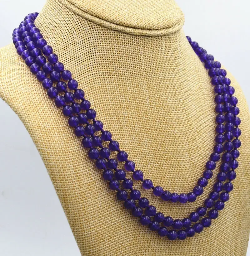 

New charming 3 rows 8mm amethyst & black jade beads Necklace 17-19 " amethyst Clasp