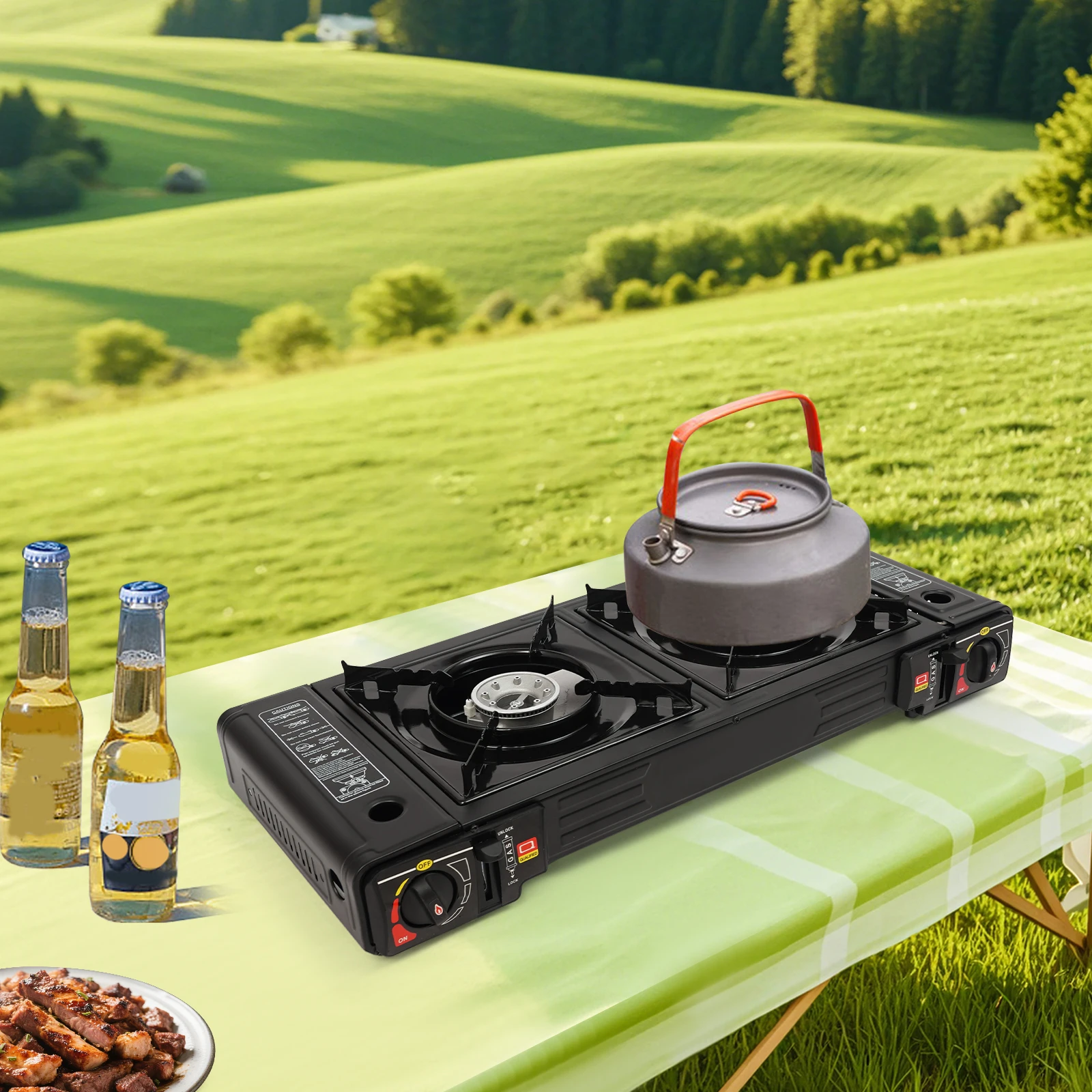 Camping Cooking Tray - Tragbarer Campingkocher, 2-Brenner-Campingkocher mit Backblech &