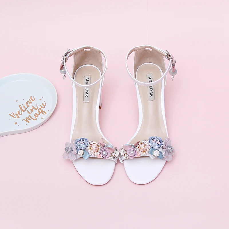 Sweet Open Toe Women Sandals Rhinestone Pearl Bowknot Flowers Square Chunky High Heels Daily Wear Large Size Women Summer Shoes