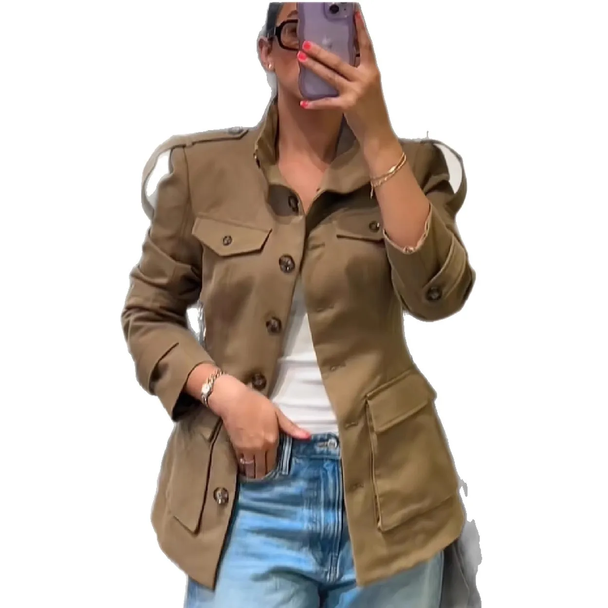 الأوروبية والأمريكية نمط جديد جيب العمل الأمريكية الساخنة فتاة الخصر النحيف معطف 2025 الخريف واحدة الصدر #5