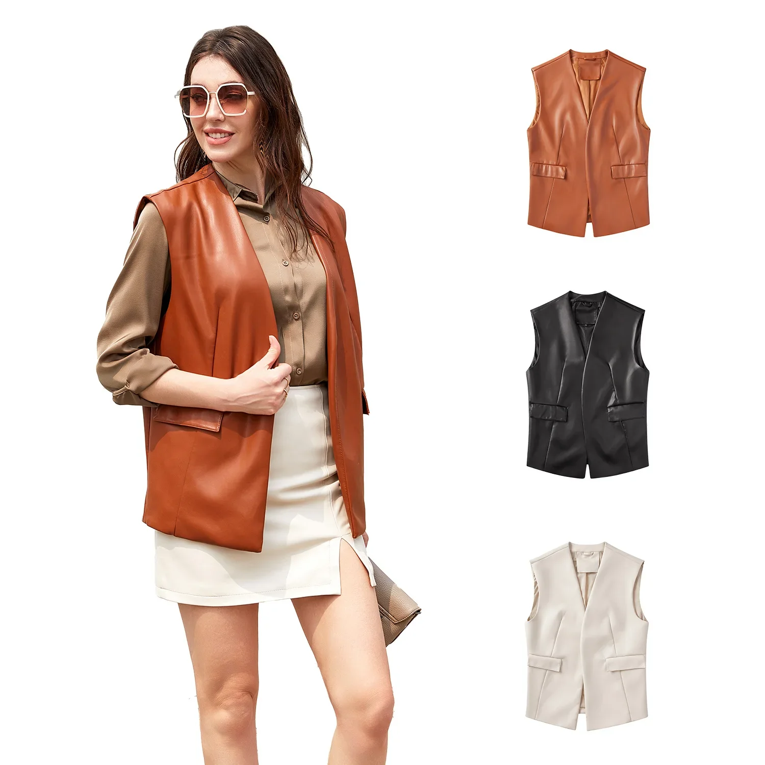 New Fashion Women PU Leather Vest Waistcoat Female Sleeveless Jacket Black