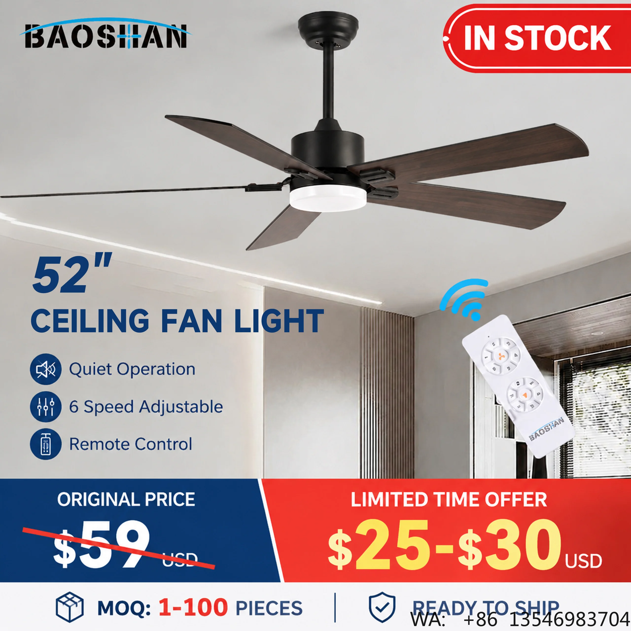 Ready to Ship Competitive Price Modern Living Room 52 Inch DC Motor 5 Plywood Blade Remote Control Mute Led Ceiling Fan Light