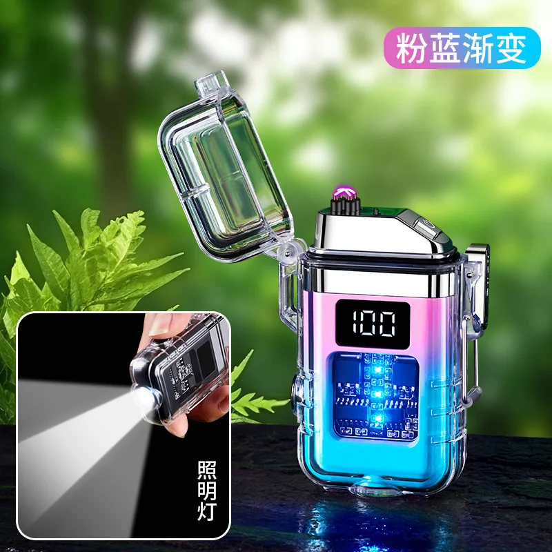 Electric Transparent Windproof Waterproof Double Arc Lighter, USB Rechargeable, Digital Display Power, Men\'s Gifts, Outdoor