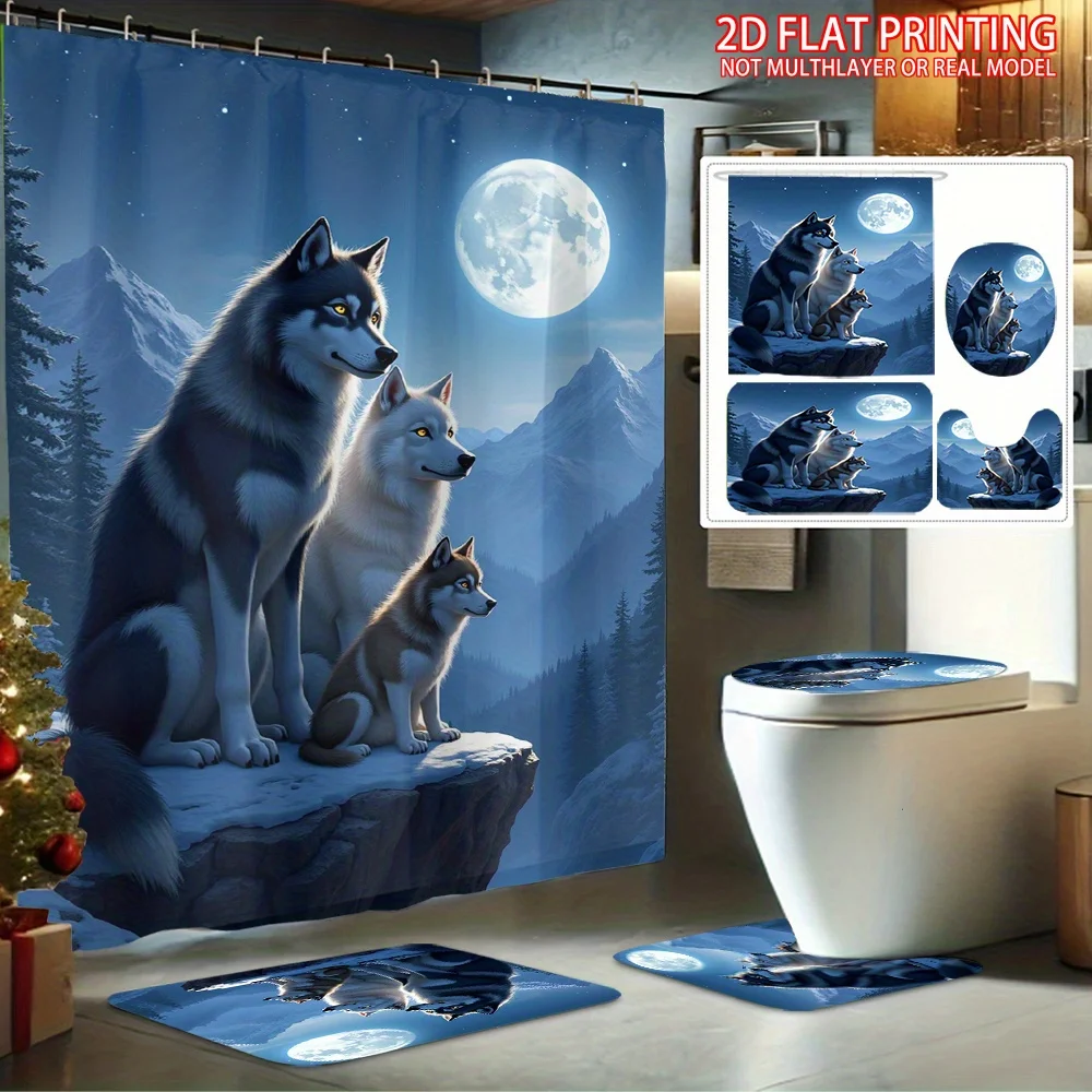 

2D Flat 4pcs Husky Under the Moonlight Printed Shower Curtain Set, Bathroom Decor Set Includes Shower Curtain, Non-Slip