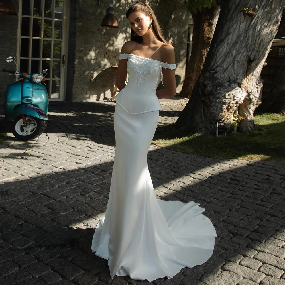 Chic Two Pieces Mermaid Satin Wedding Dress with Side Slit Lace Beading Off the Shoulder Chapel Train Bridal Gowns Customized