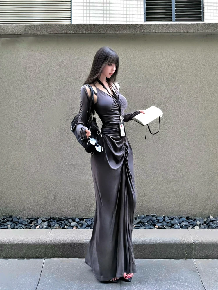 

Kardaian Sle, сексуальное платье на бретелях, женская осенняя высококачественная плиссированная облегающая длинная юбка Ci Commuting Long Sve Slim Fit