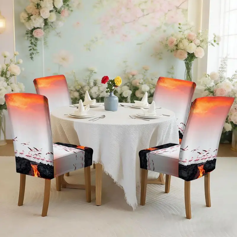 Juego de fundas elásticas para sillas de comedor con estampado plano, diseño de flamenco rosa entre rocas negras, fácil de instalar, lavable