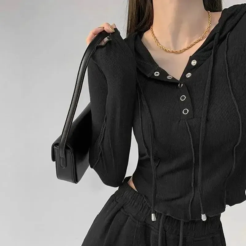 Hooded Button Up Lady Crop Women Top Baby Button Up Women Summer Spring Slim Fit Long Sleeve Streetwear Hight Elastic