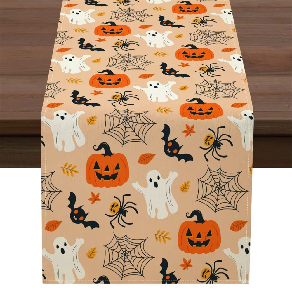 Bohemian Halloween Table Runner Ghost Pumpkin Spiderweb Bats and Leaves Decoration Halloween