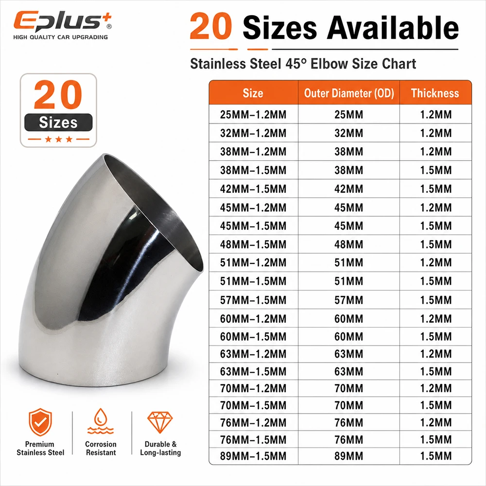 1PCS Universal Stainless Steel 45 Degree Elbow Pipe Polished Weld‑On Pipe Fitting Bend Tube for Car Exhaust Muffler Replacement