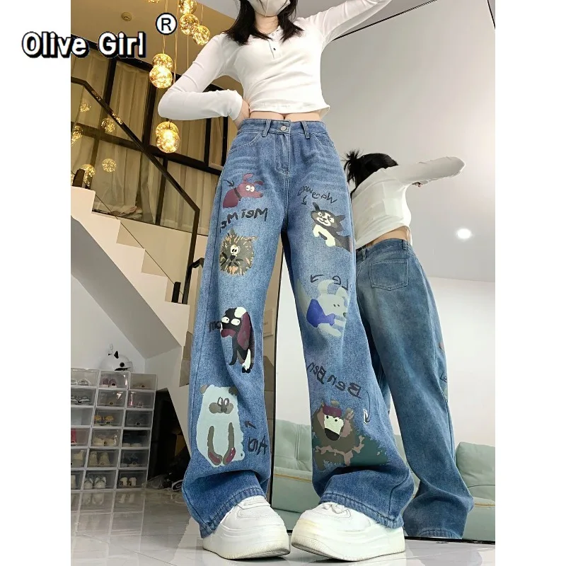 Olivegirl jean rétro américain imprimé Graffiti pantalon femme printemps taille haute pantalon ample jambe droite pantalon large décontracté