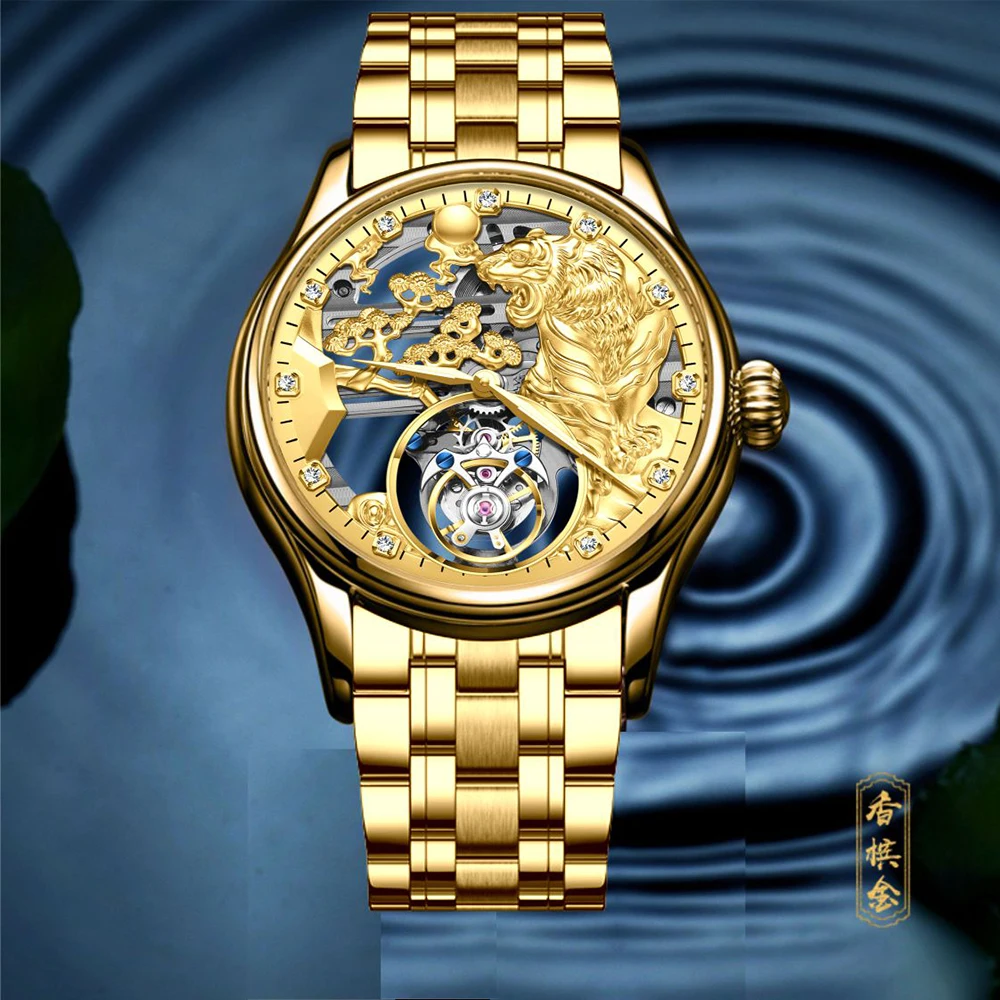 AESOP Men Tourbillon Skeleton Watch 3D Tiger Mechanical Wristwatch Premium Steel Sapphire Glass  Classic Business Dress Clock