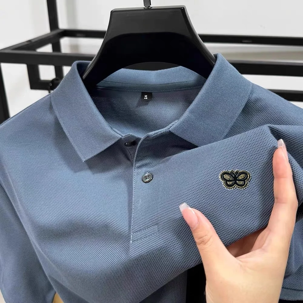 

High quality brand pure cotton men short sleeve lapel T-shirt fashion comfort luxury temperament butterfly embroidery polo shirt